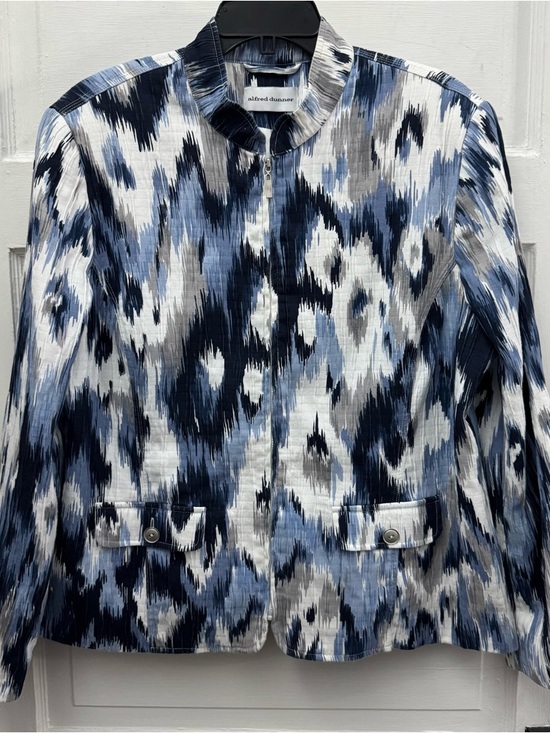 Jackets & Blazers - Alfred Dunner Blue Ikat Print Jacket Zip Front Lightweight Size 18